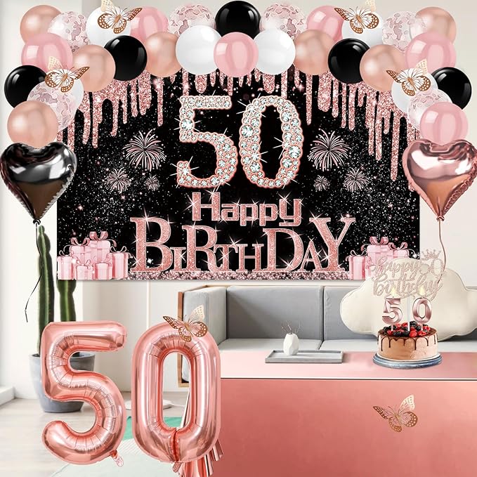 50th Birthday Decorations for Women 49pcs Black Rose Gold Black