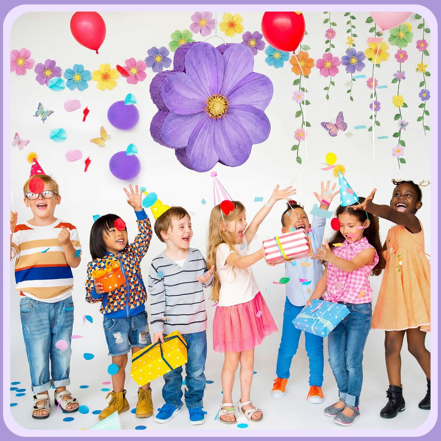 Aoriher Daisy Flower Piñata Set with Blindfold and Bat Purple Flower