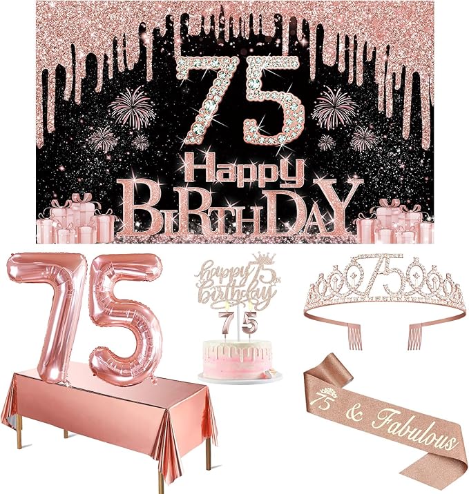 75th Birthday Decorations for Women with Banner Rose Gold Tablecloth