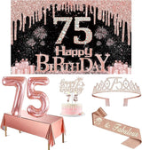 75th Birthday Decorations for Women with Banner Rose Gold Tablecloth