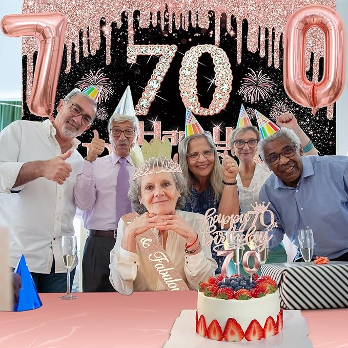70th Birthday Decorations for Women with Banner Rose Gold Tablecloth