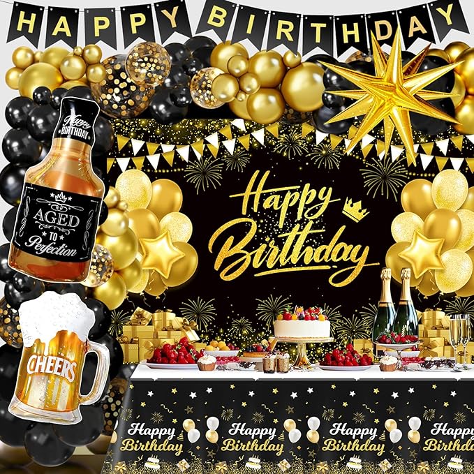Black and Gold Birthday Decorations for Men Women Black