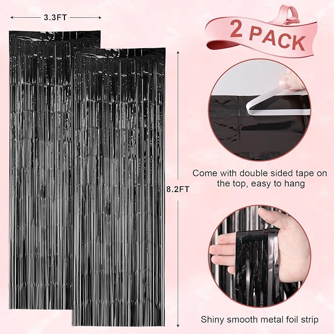 Voircoloria 2 Pack Laser Black Foil Fringe Backdrop Curtains, Tinsel