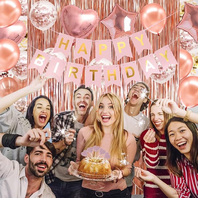 Rose Gold Birthday Party Decorations, Happy Birthday Banner, Rose