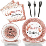 Wiooffen 96pcs Rose Gold Birthday Party Supplies Pack Happy Birthday