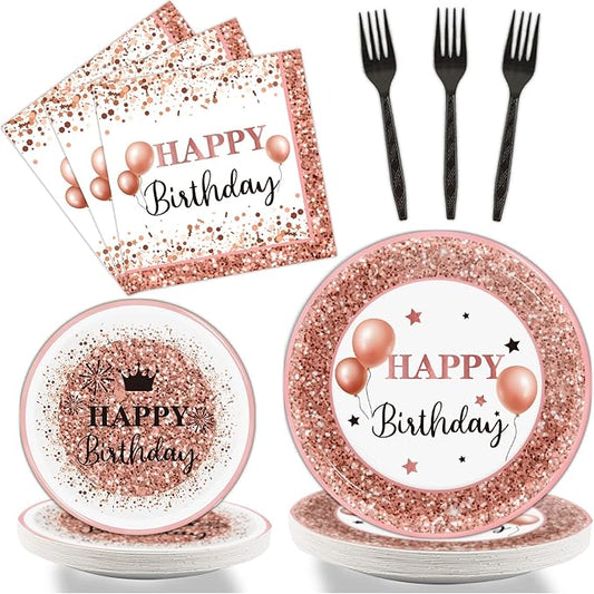Wiooffen 96pcs Rose Gold Birthday Party Supplies Pack Happy Birthday
