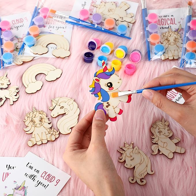 28 Sets Unicorn Party Favors Wood Painting Craft Kits with Art