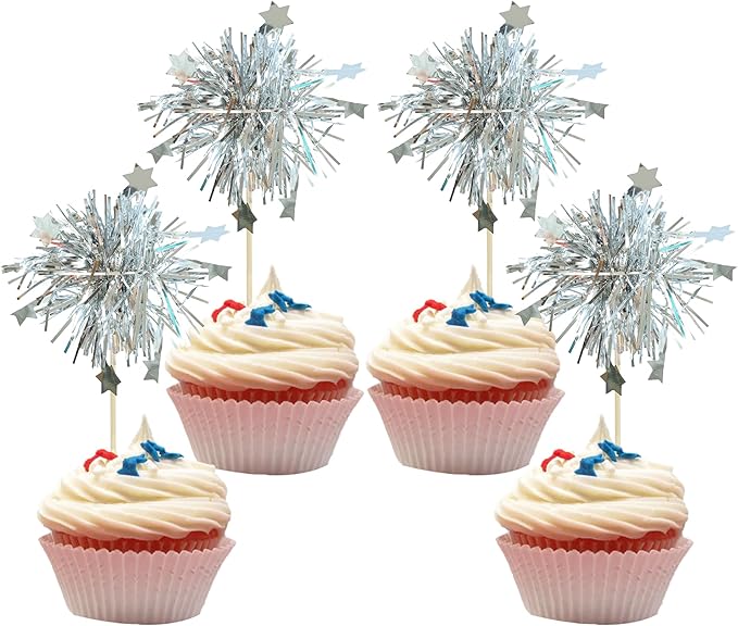 Gyufise 30Pcs Foil Firework Cupcake Toppers Sparkle Tinsel Star Cake