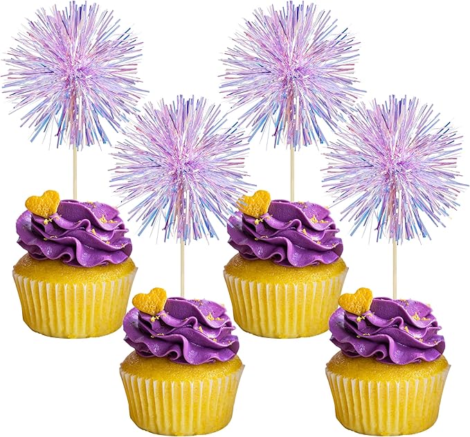 Gyufise 30Pcs Foil Firework Cupcake Toppers Sparkle Tinsel Cake #3