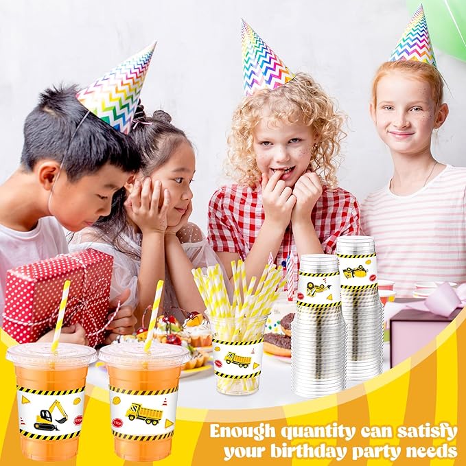 50 Sets Construction Theme Party Plastic Cups with Lids and Straws