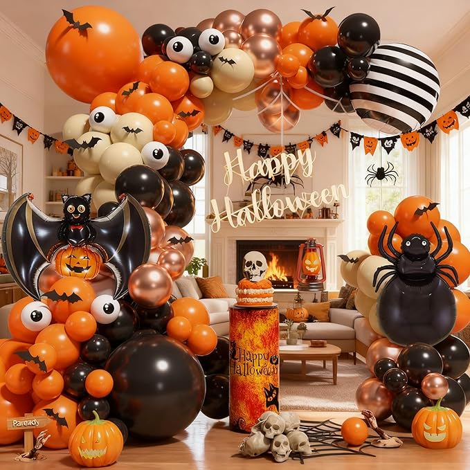 120 Pcs Halloween Orange and Black Balloon Arch Spider Bat Pumpkin