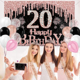 20th Birthday Decorations for Her 49pcs Black Rose Gold Black Banner