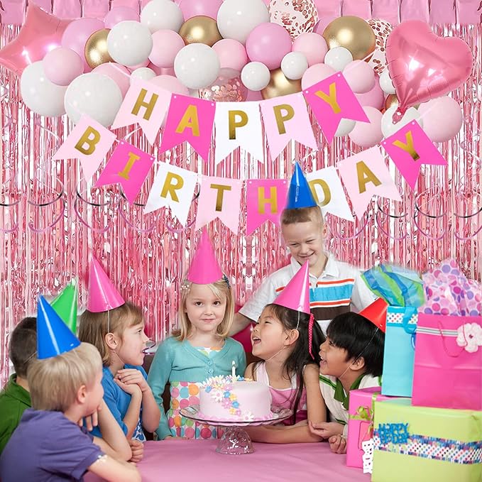 Pink Gold Birthday Party Decorations, Happy Birthday Banner, Pink