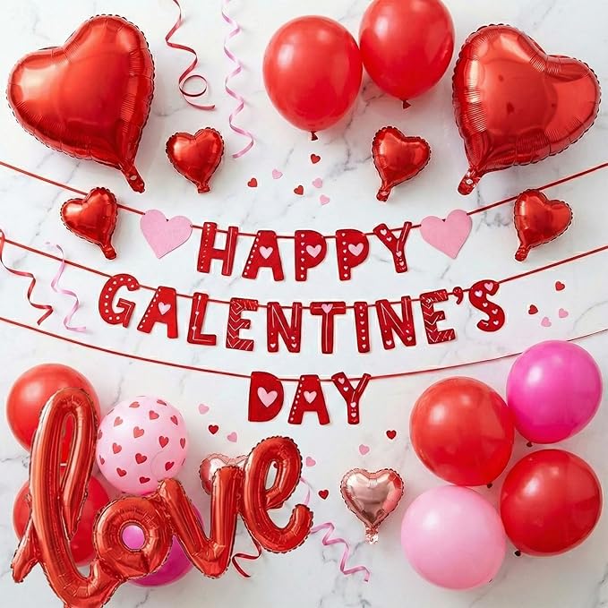 Valentines Day balloon garland arch kit with Banner red Hot pink and