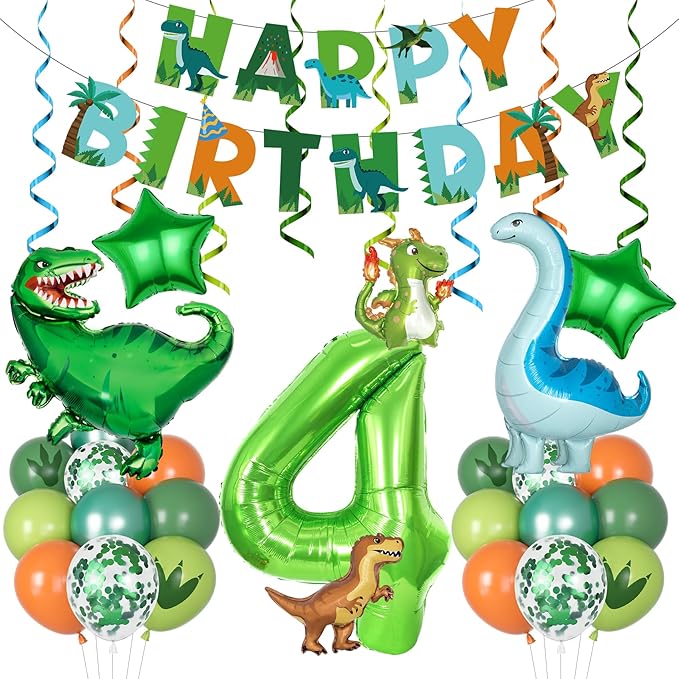 Dinosaur 4th Birthday Party Decorations for Boys Girls Foil Green