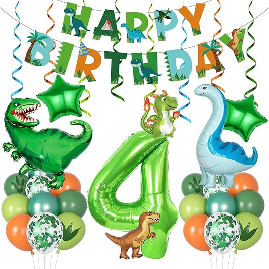 Dinosaur 4th Birthday Party Decorations for Boys Girls Foil Green