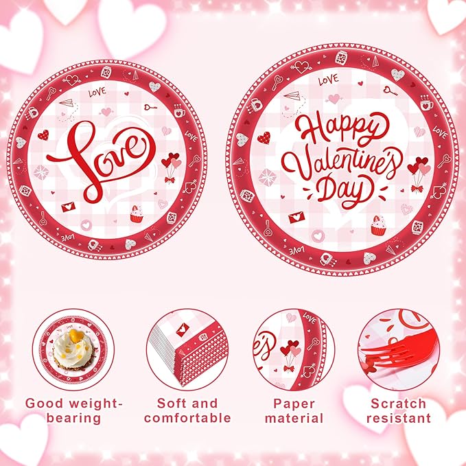 96 Pieces Valentine's Day Tableware Set Red and White Disposable