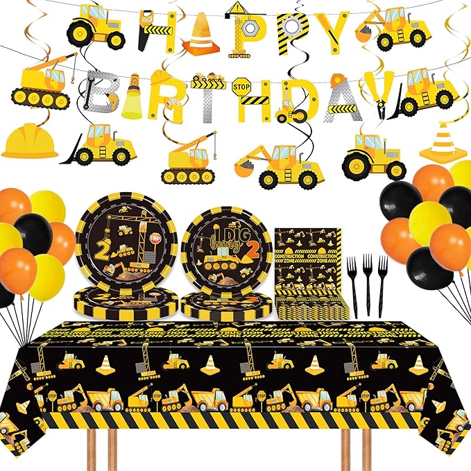 92 Pcs Construction 2nd Birthday Party Supplies Dump Truck Theme Two