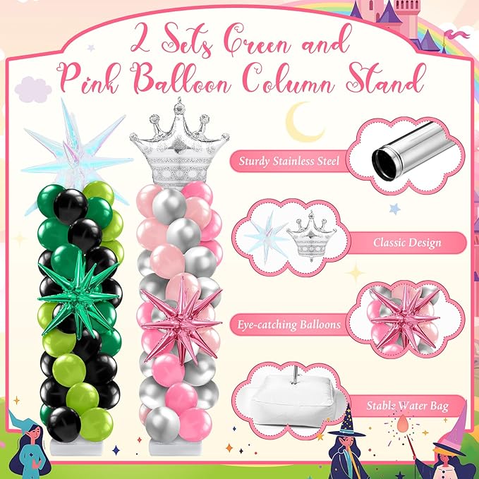 2 Sets Pink and Green Balloon Column Stand Kit Princess Crown and