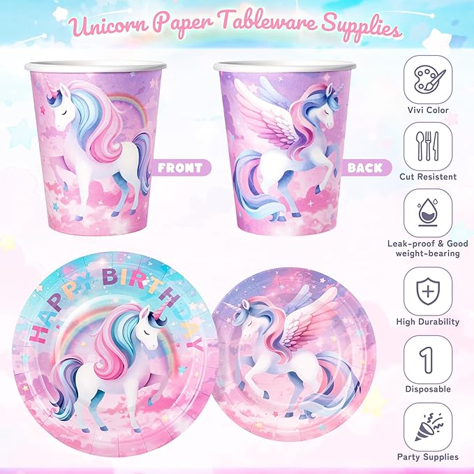 195Pcs Unicorn Birthday Party Supplies with Plates Cups Napkins