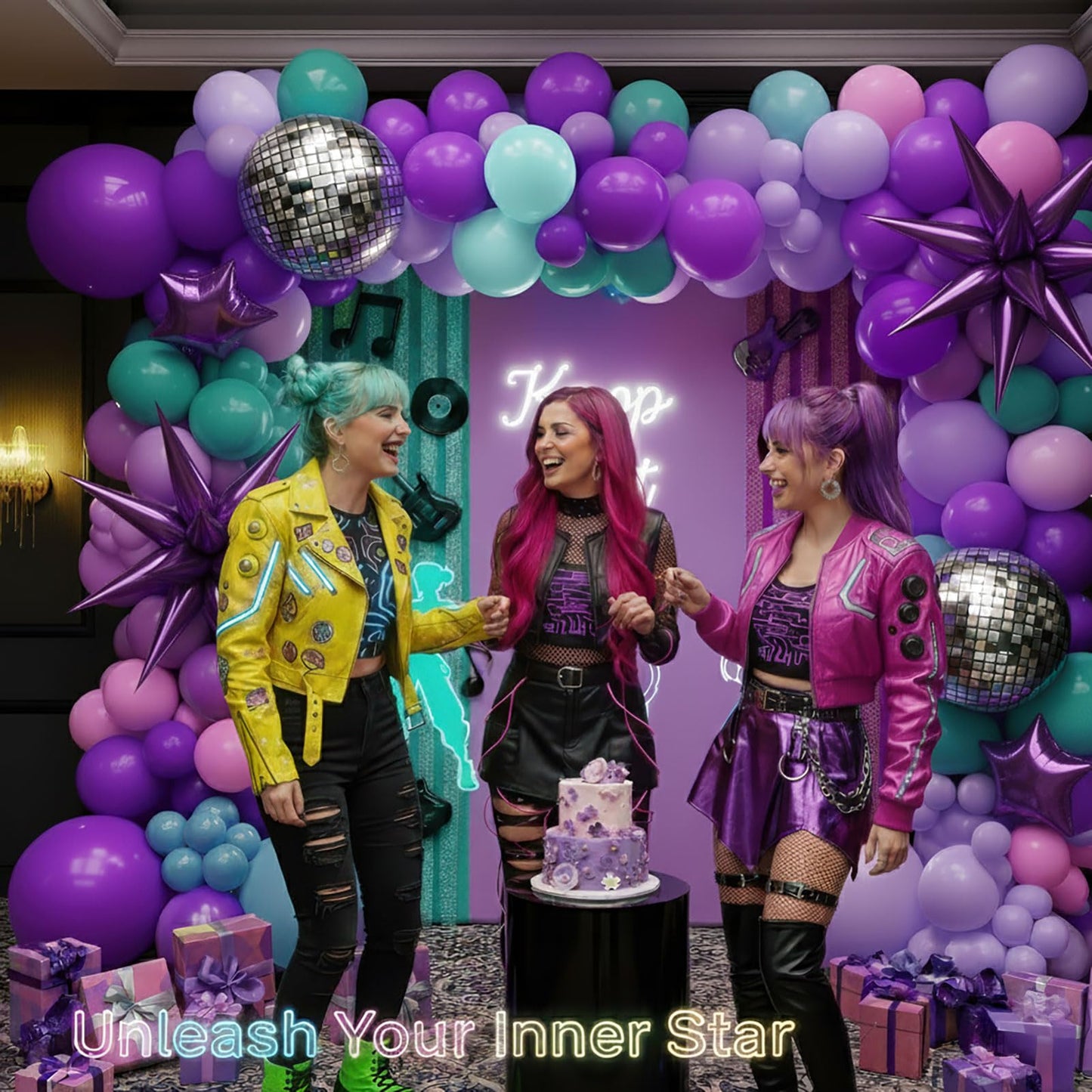Purple pink Balloon Arch Garland Kit with Banner Musical symbols Disco