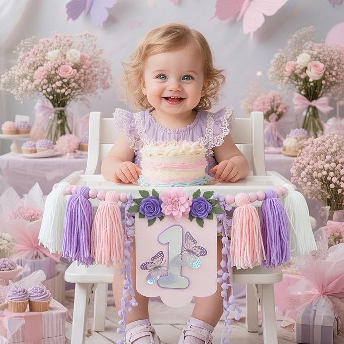 Handmade Butterfly Wildflower 1st Birthday High Chair Banner Purple