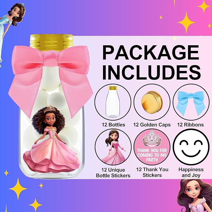 Small 12 Pack Princess Party Favors DIY Candy Jars with Ribbons and