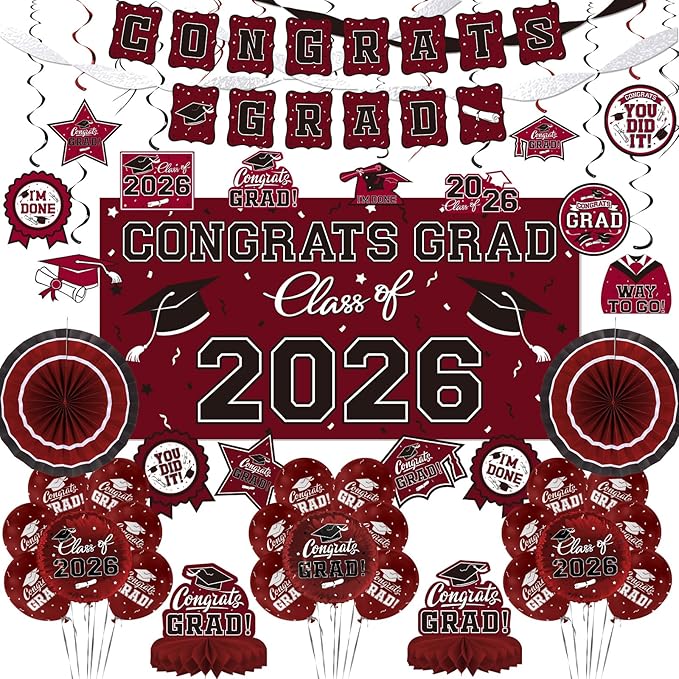 Maroon Themed 2026 Graduation Decorations Set - Congrats Grad Banner,