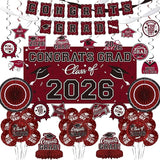 Maroon Themed 2026 Graduation Decorations Set - Congrats Grad Banner,