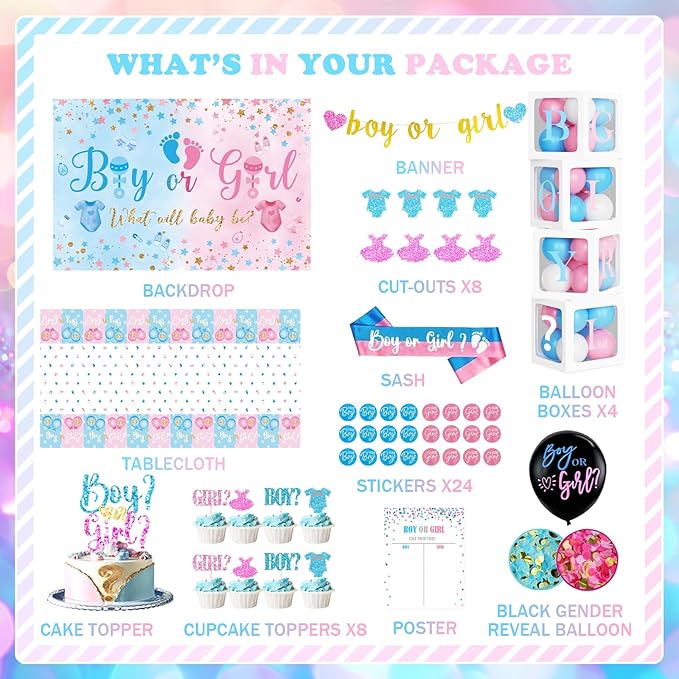 170 PCs Baby Boxes Gender Reveal Decorations Hombae Boy or Girl