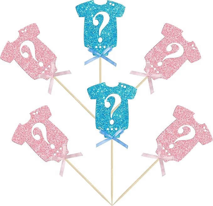 Ephlyn 24Pcs Gender Reveal Cupcake Toppers Glitter Pink Blue Bow
