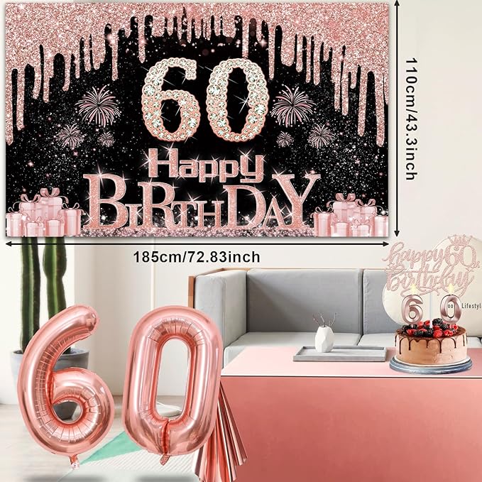60th Birthday Decorations for Woman with Banner Rose Gold Tablecloth