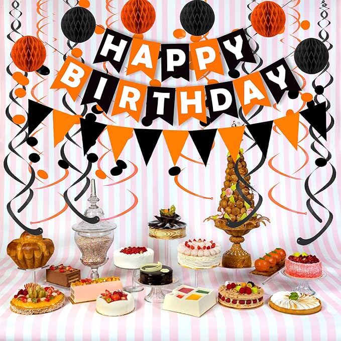 Fecedy Black Orange Happy Birthday Banner Paper Triangle Flag Bunting