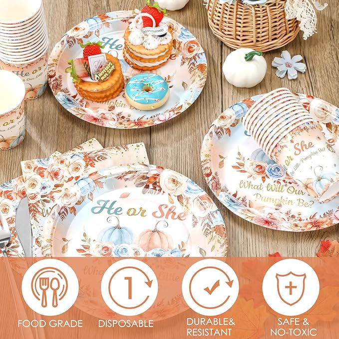 200 Pcs Fall Pumpkin Gender Reveal Baby Shower Paper Plates Napkins