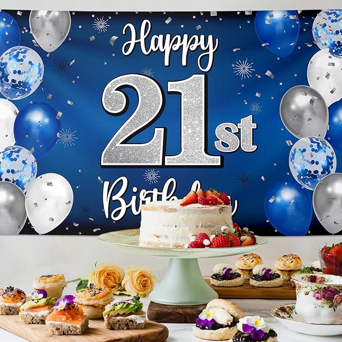 Happy 21st Birthday Decorations 21 Blue & Silver Balloon Large