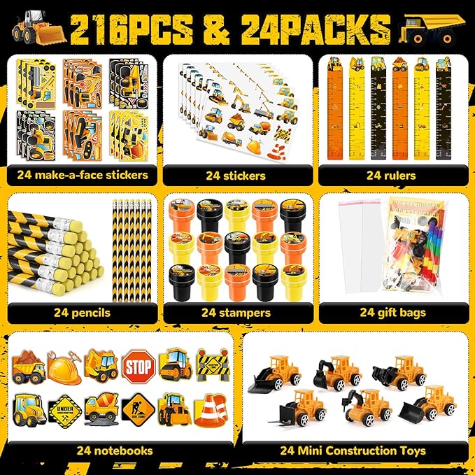 192Pcs Construction Party Favors Excavator Tractor Theme School