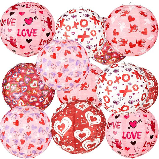 12 Pcs Valentine's Day Paper Lanterns Party Decorations Pink Heart
