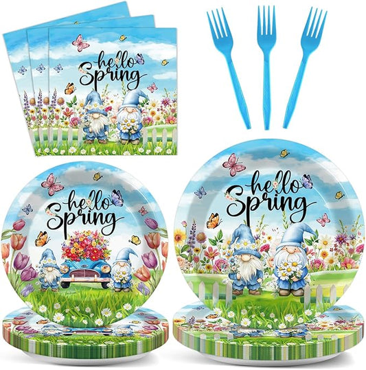 96Pcs Spring Party Supplies Hello Spring Paper Plates and Napkins