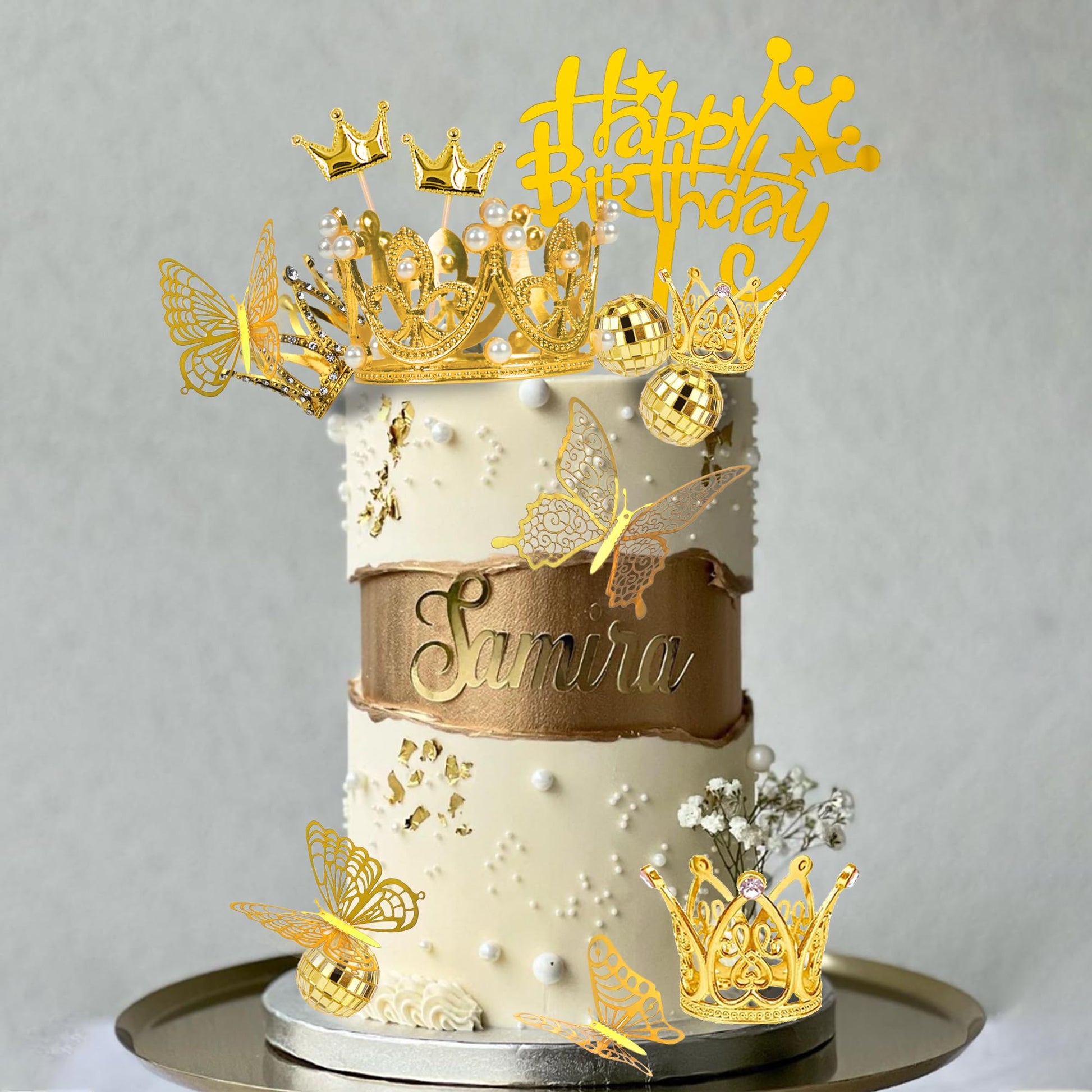 37 PCS Crown Cake Topper Mini Gold Crown Butterfly Disco Ball