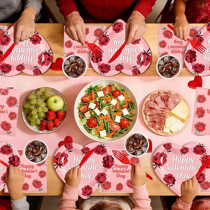 125PCS Valentine's Day Plates and Napkins Set Rose Heart Disposable