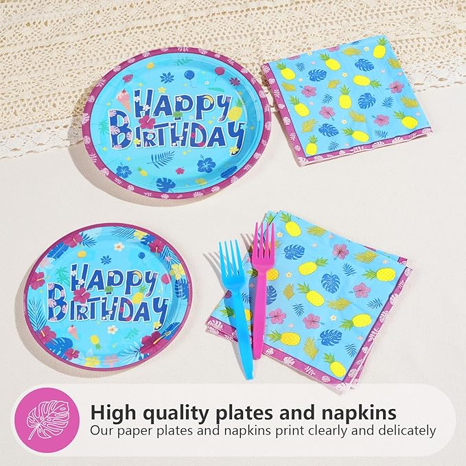 96Pcs Hawaiian Birthday Decorations Tropical Luau Blue Cartoon