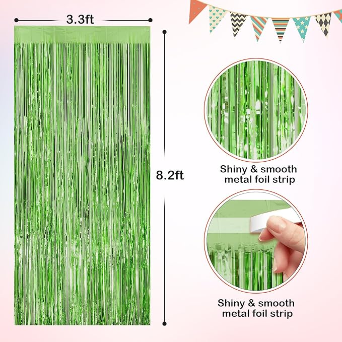 Light Green Metallic Tinsel Foil Fringe Curtains, 2 Pack 3.3x8.3 Feet