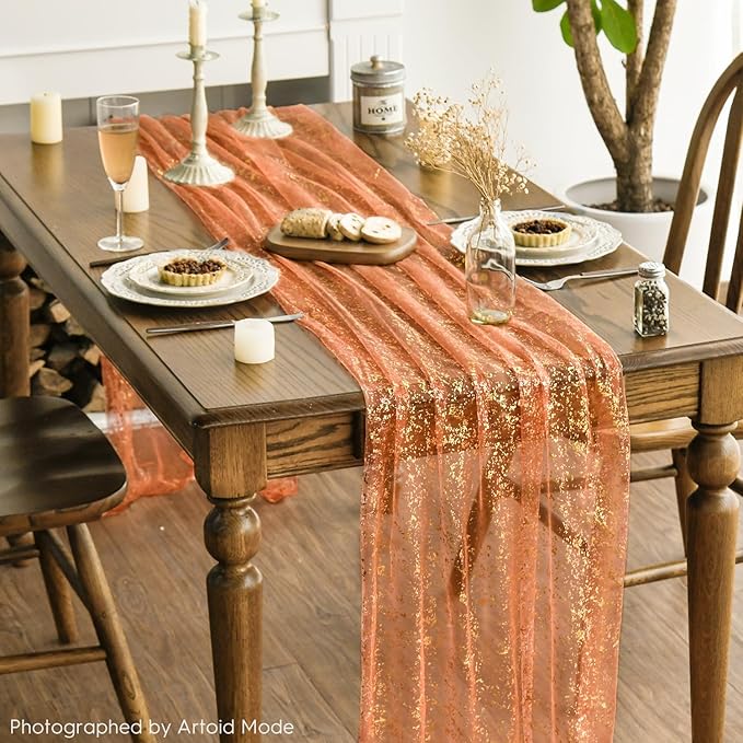 Artoid Mode 3PCS Orange Gold Gauze Table Runner 120 Inch 10FT,