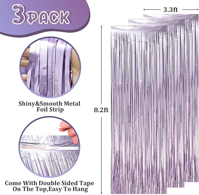 Voircoloria 3 Pack 3.3 x 8.2 ft Light Purple Foil Fringe Backdrop