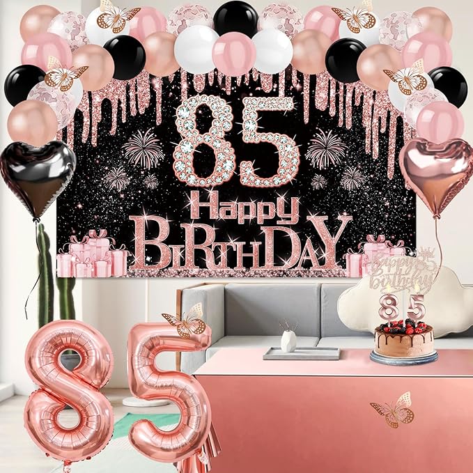 85th Birthday Decorations for Women 49pcs Black Rose Gold Black