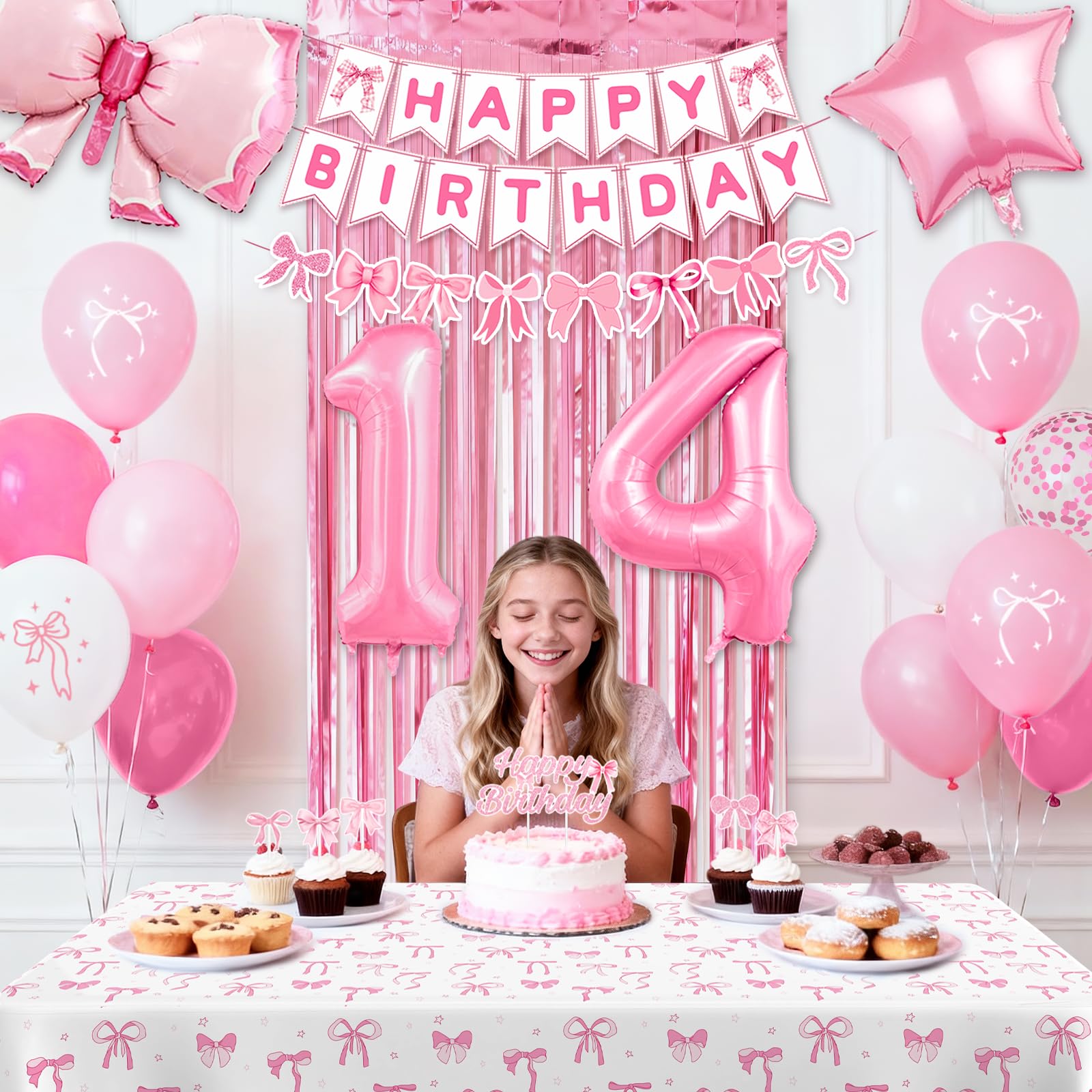 14th Pink Birthday Decorations for Girls, Pink Bow Coquette Birthday