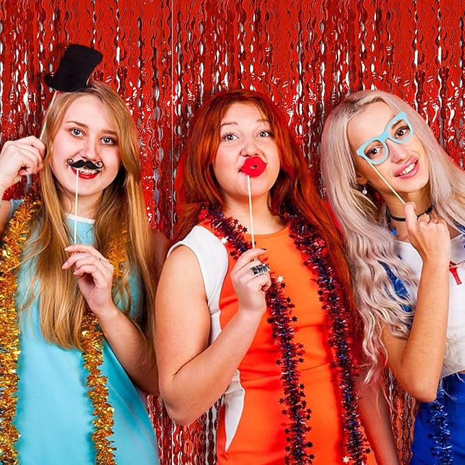 Red Tinsel Foil Fringe Curtains Wavy Backdrop for Parties Sparkle