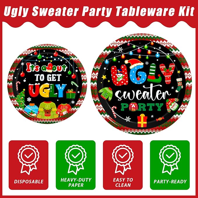 96Pcs Christmas Ugly Sweater Party Plates Merry Christmas Party