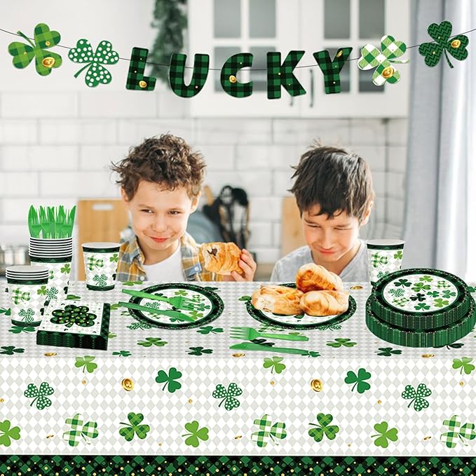 98PCS St Patrick's Day Party Supplies Green Irish Shamrock Tableware