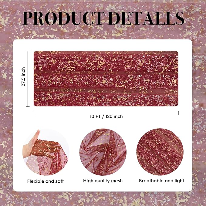 Artoid Mode Burgundy Gold Gauze Table Runner 120 Inch 10FT, Glitter